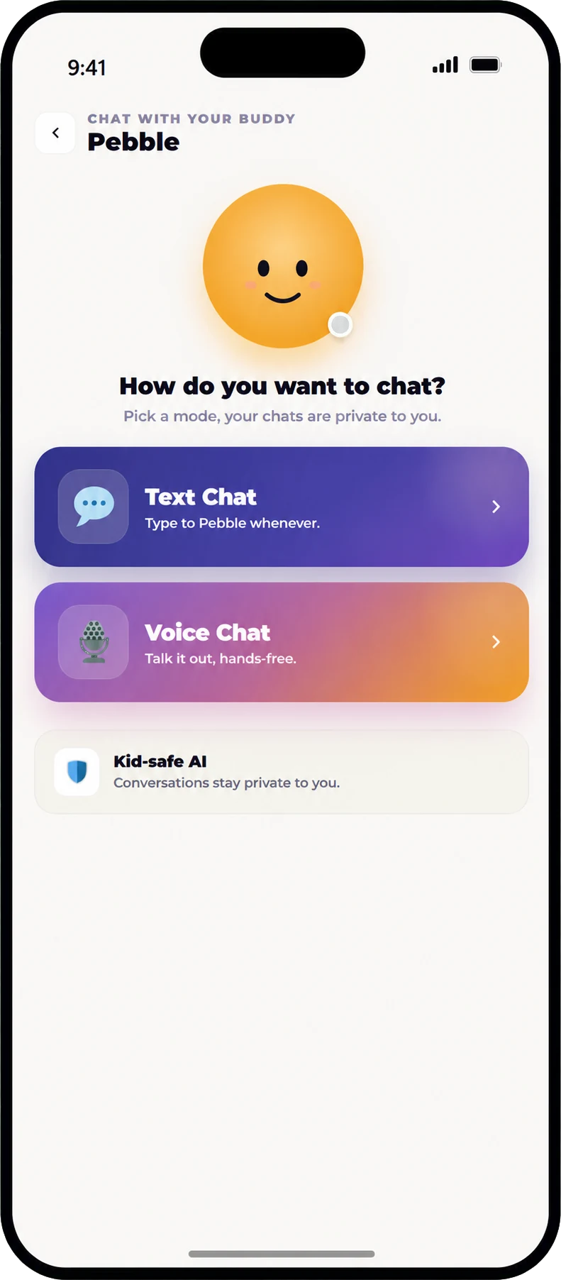 ProudMe Pebble chat screen for age-appropriate healthy-habit reflection