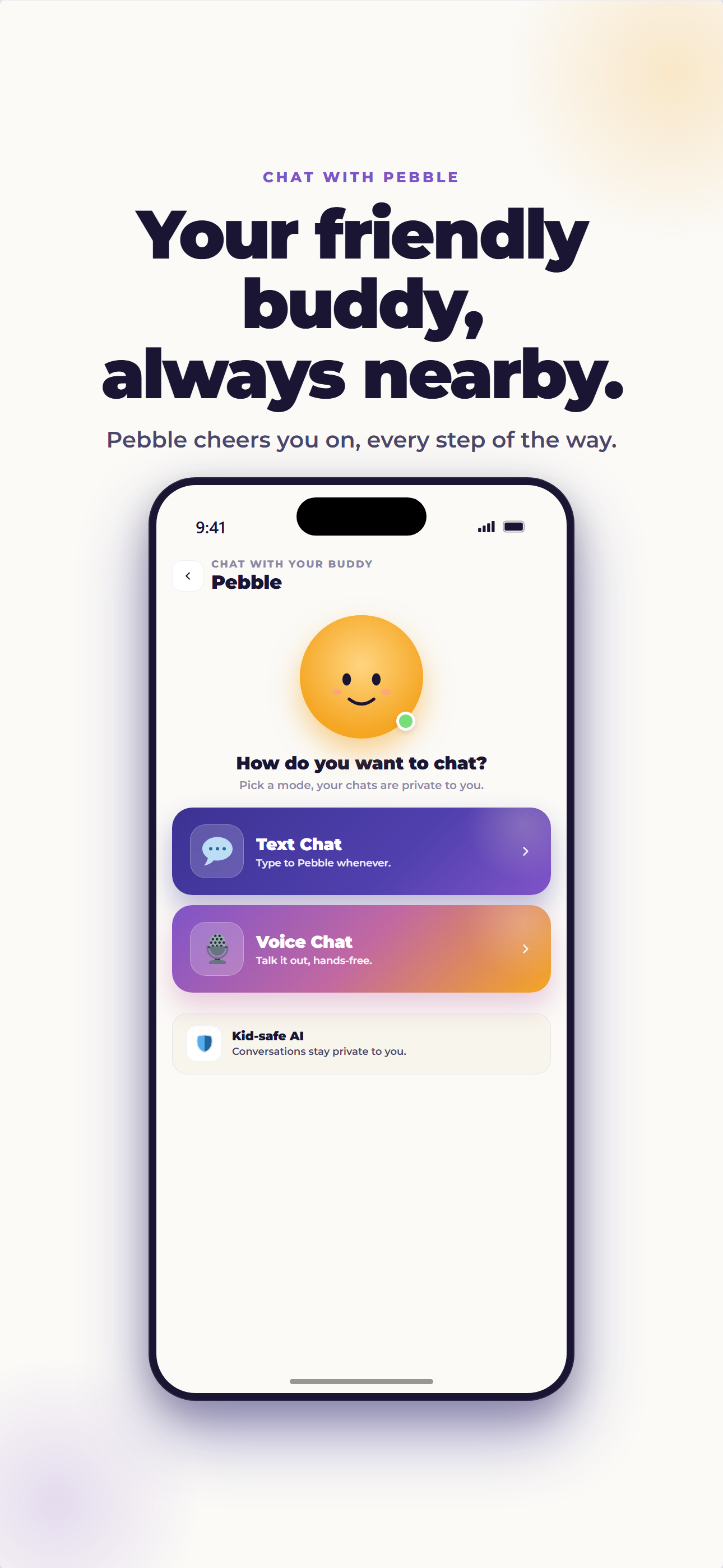 ProudMe Pebble chat screen for age-appropriate healthy-habit reflection