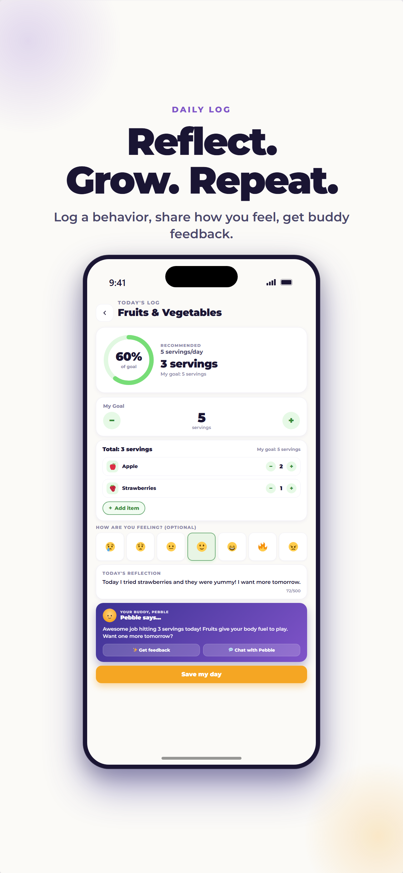 ProudMe daily reflection screen for continuing a morning habit loop
