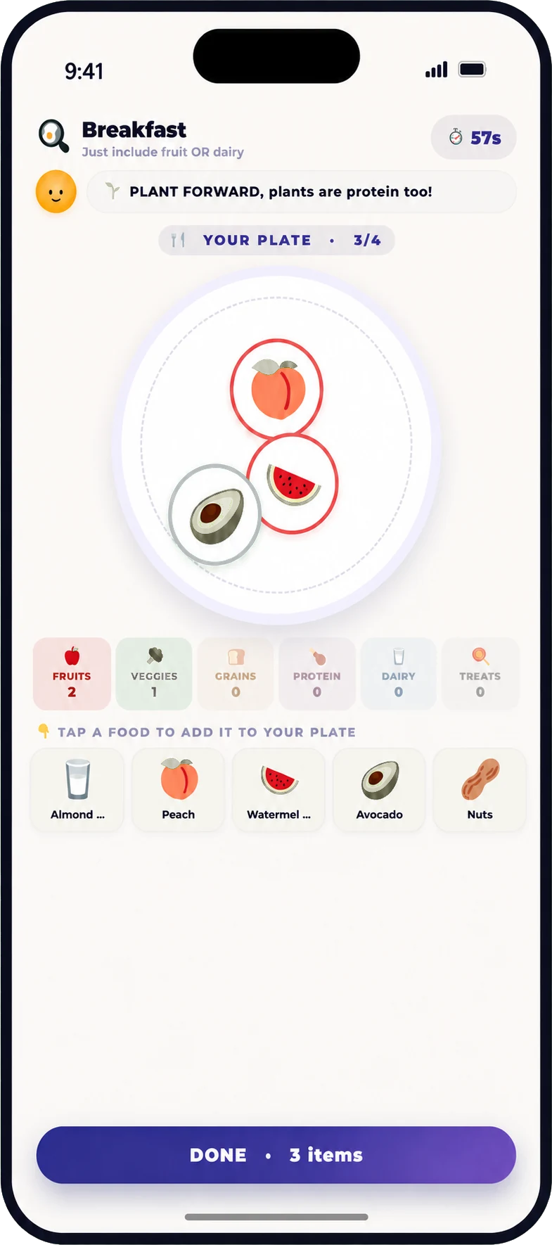 ProudMe Plate Builder game showing colorful foods arranged on a plate