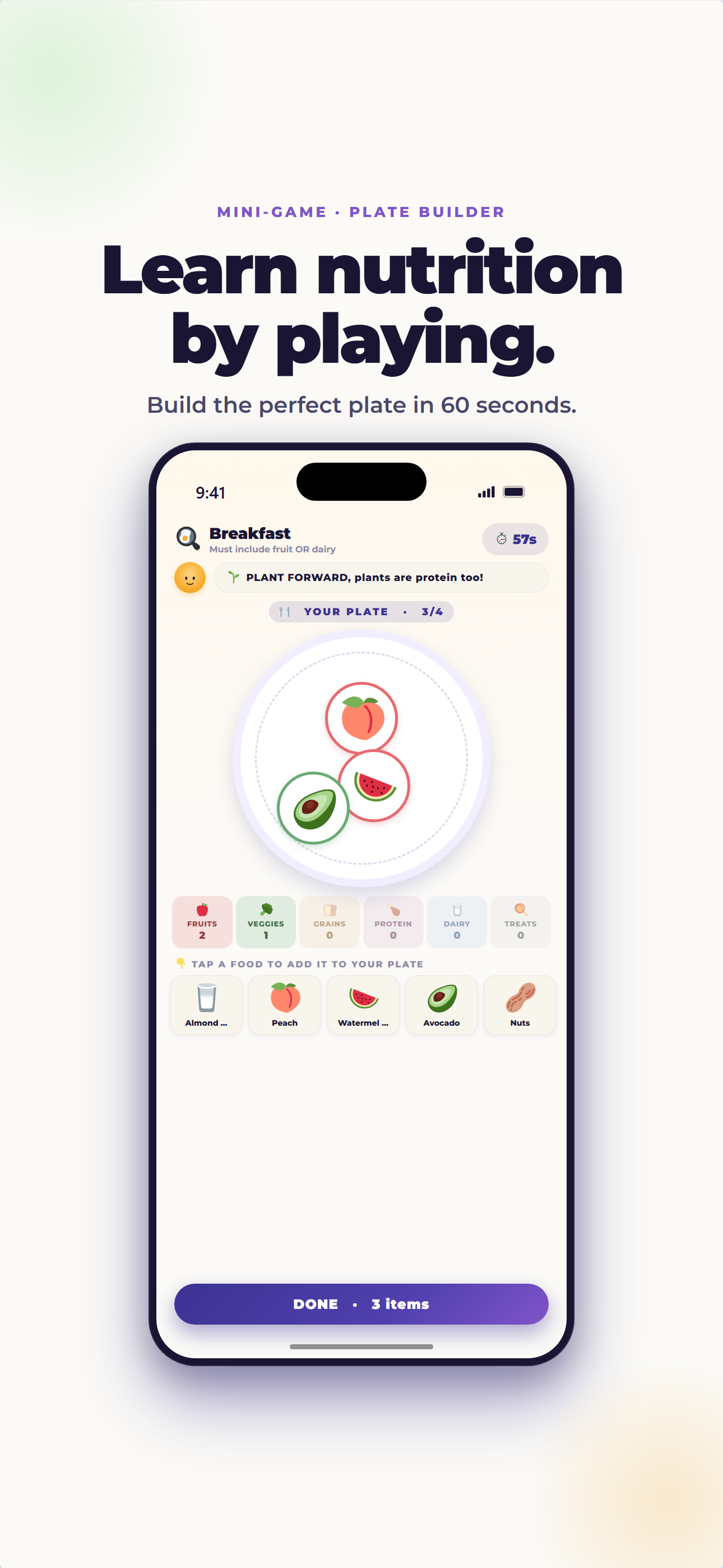 ProudMe Plate Builder game showing colorful foods arranged on a plate