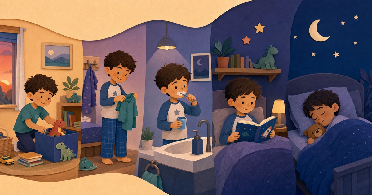 A calm bedtime sequence with pajamas, toothbrushing, reading, and sleep