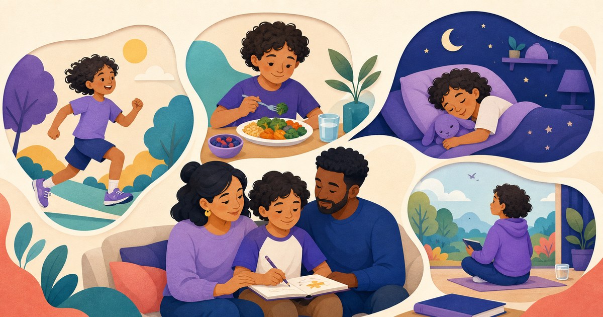 A family practicing movement, colorful eating, bedtime, and balanced screen habits
