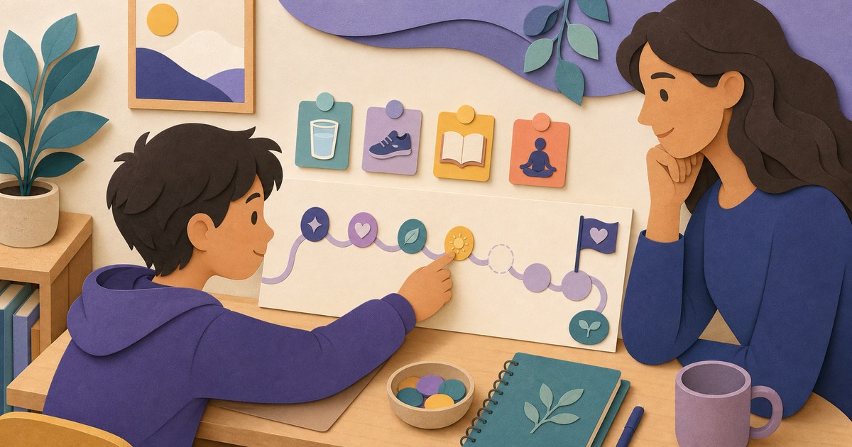 A child and caregiver following a gentle visual habit path