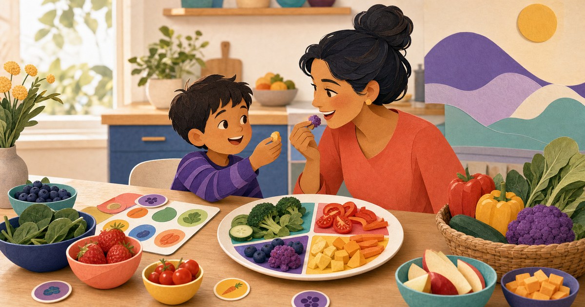 A parent and child exploring colorful foods through sorting, pretend shopping, cooking, and playful tasting