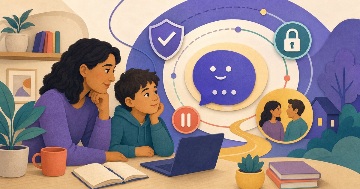 A parent and child reviewing an abstract AI conversation with a shield, privacy lock, and human oversight