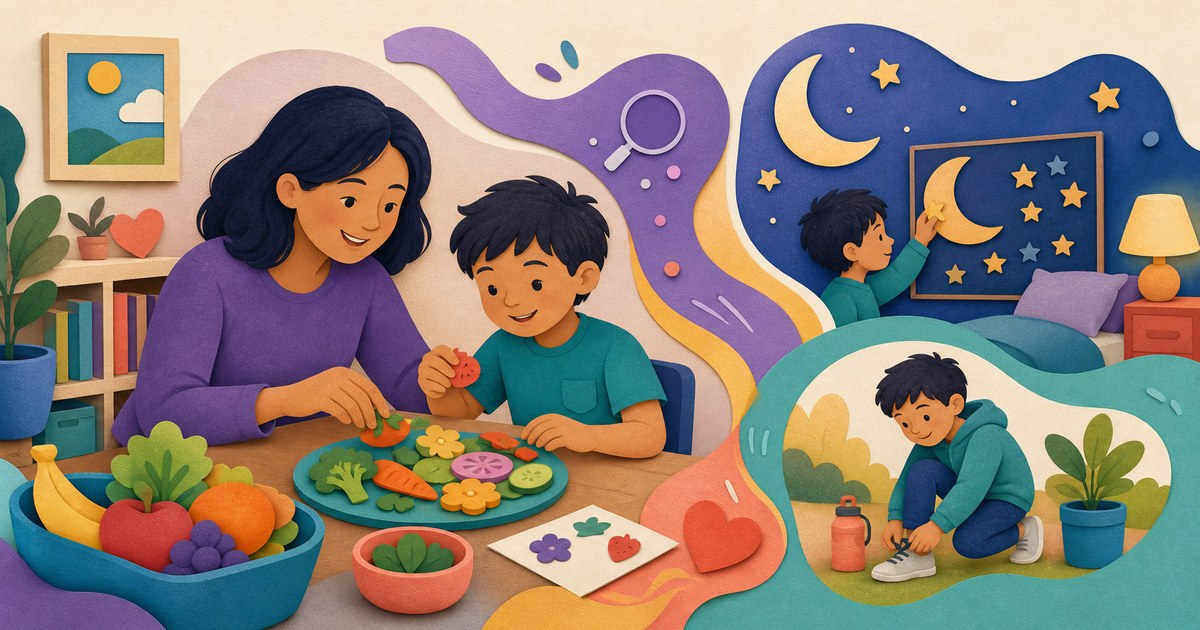 A parent and child exploring playful nutrition and sleep activities together