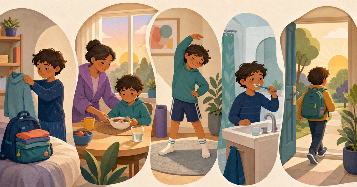 A parent and child preparing clothes, eating breakfast, stretching, brushing teeth, and leaving calmly for school
