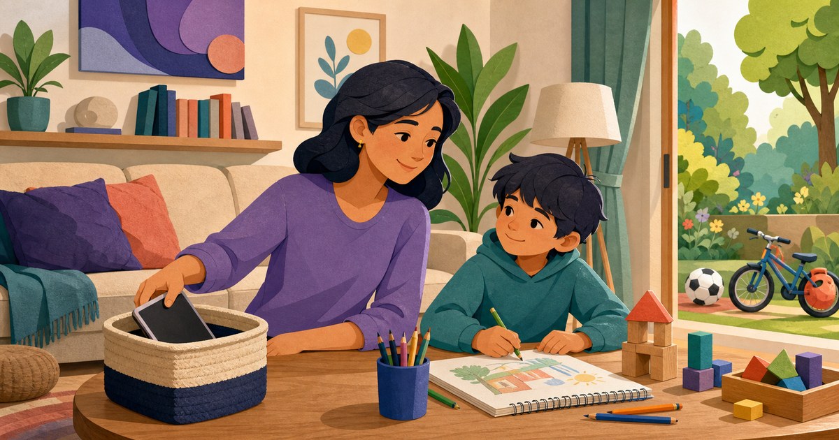 A family calmly placing devices in a basket and choosing drawing, music, and outdoor play