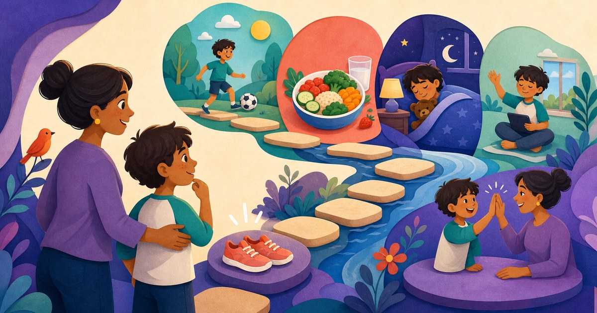 A caregiver and child using stepping stones to shape small healthy goals